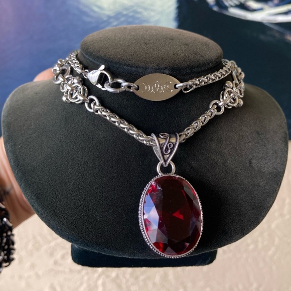 925 sterling silver overlay charm red garnet cz stone stainless steel necklace - Picture 6 of 16